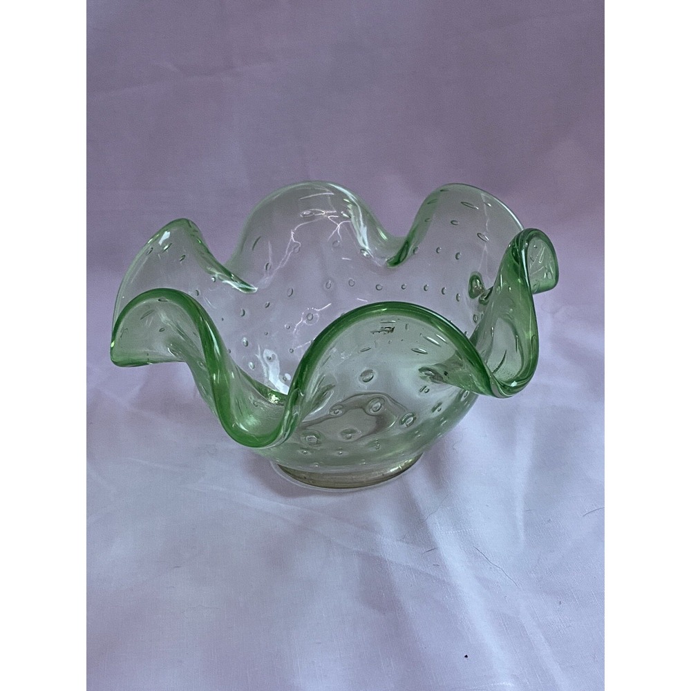Vintage Green Blown Glass Bullicante Bubble Vase